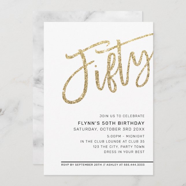 MODERN SCRIPT 50th birthday fifty gold glitter Invitation (Front/Back)