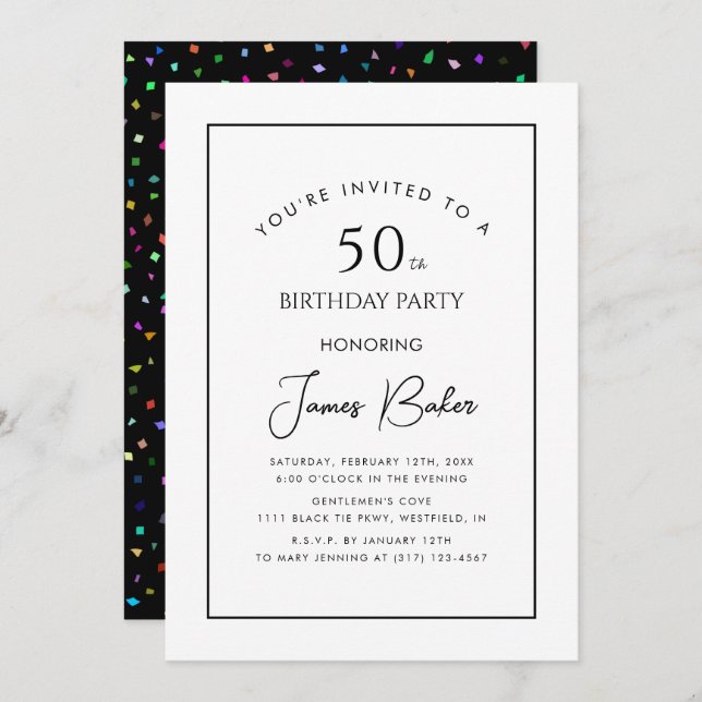 Modern Script 50th Birthday Party For Him Confetti Invitation (Front/Back)