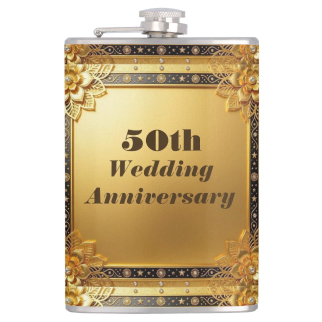 Modern Script 50th Wedding Anniversary Faux Gold  Hip Flask (Front)