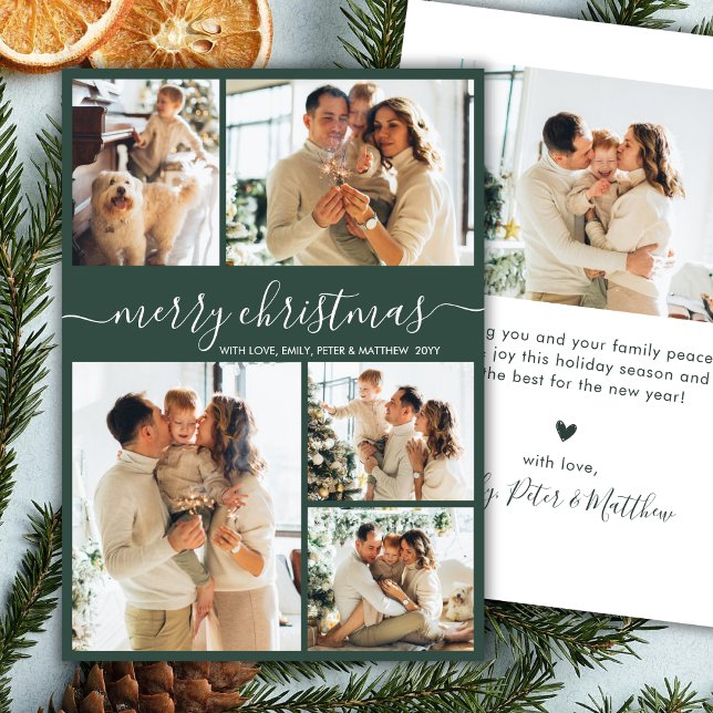 Modern Script 5 Photo Collage Green Christmas Holiday Card (Creator Uploaded)