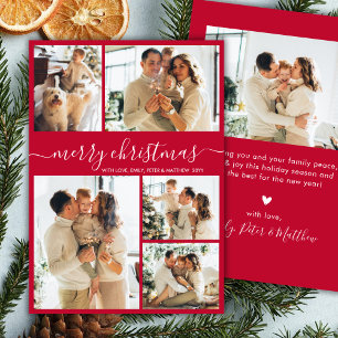 Modern Script 5 Photo Collage Red Christmas Holiday Card