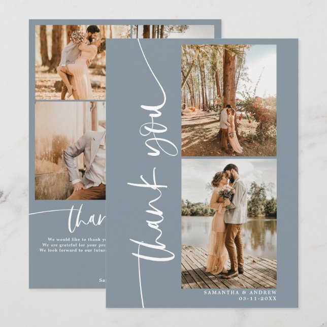 Modern script 5 photo wedding dusty blue thank you card (Front/Back)