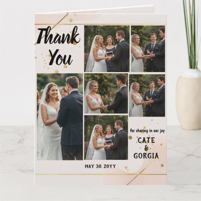 Modern Script 6-Photo Wedding Collage Design Thank You Card (Front)