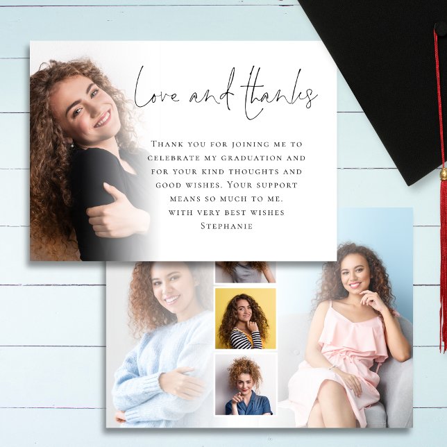 Modern Script 6 Photos Graduation Love Thanks Thank You Card (Front and back view)