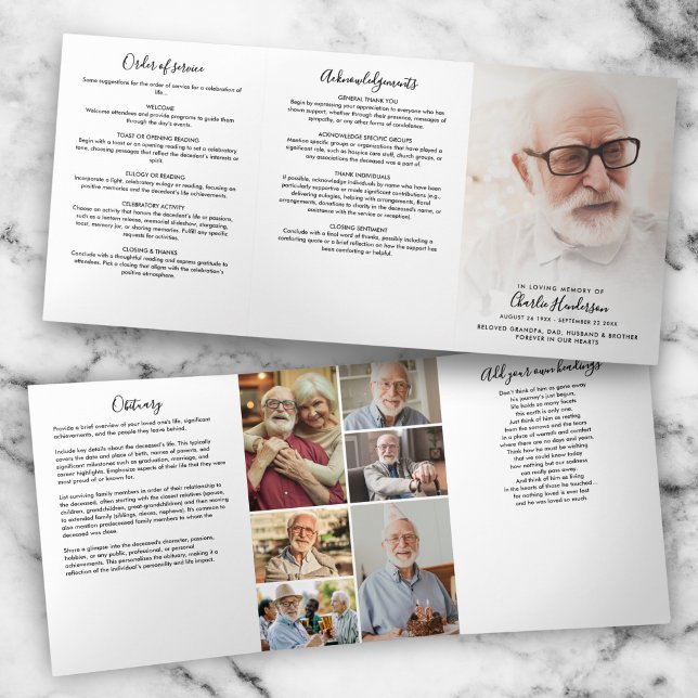 Modern Script 7-Photo Funeral/Memorial Tri-Fold Programme (Creator Uploaded)