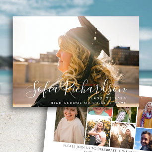 Modern Script 8 Photo Collage Simple Graduation  Invitation