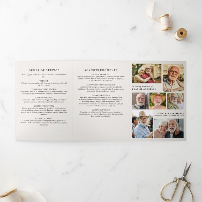 Modern Script 8-Photo Funeral/Memorial Tri-Fold Programme (Outside)