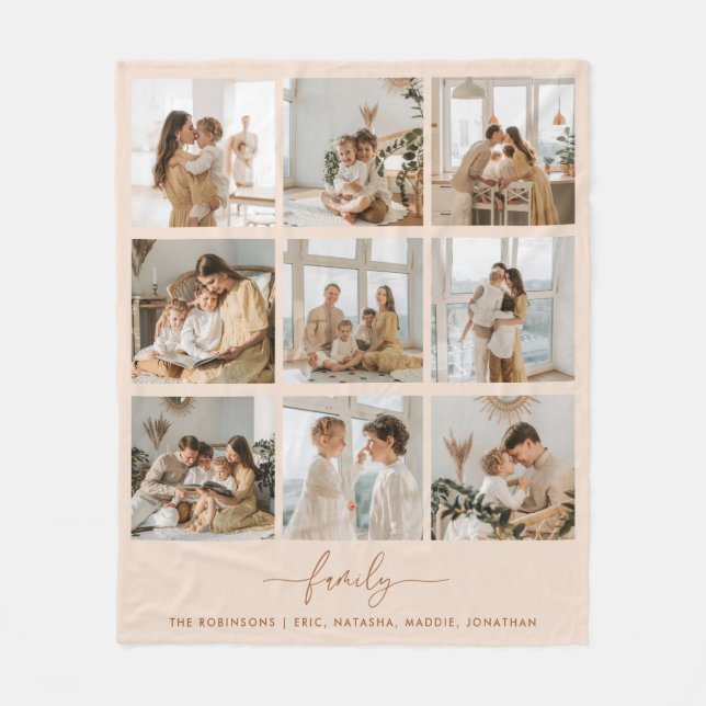 Modern Script 9 Photo Collage Family Names Fleece Blanket (Front)