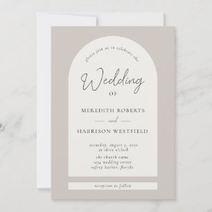 Modern Script Arch Frame Taupe Ecru Wedding Invitation