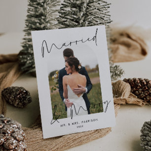 Modern Script Arch Photo Married Merry Holiday Card