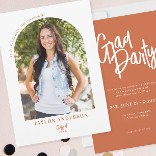 Modern Script Arch Photo Terracotta Grad Party Invitation