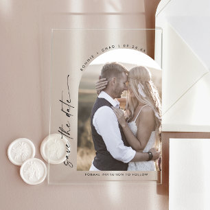 Modern Script Arch Photo Wedding Save the Date Acrylic Invitations