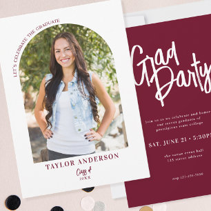 Modern Script Arch Photo Wine Red Grad Party Invitation