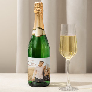 Modern Script Autumn Foliage Save the Date Photo Sparkling Wine Label