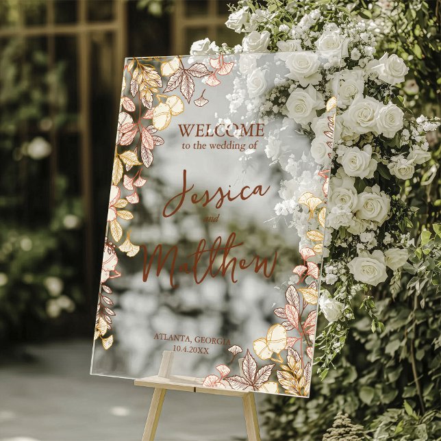 Modern Script Autumn Foliage Wedding Acrylic Sign (Creator Uploaded)