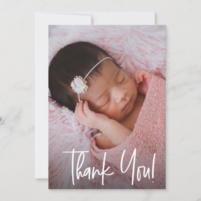 Modern Script Baby Girl Photo Birth Shower Thank You Card (Front)