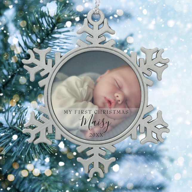 Modern Script Baby Photo First Christmas Snowflake Pewter Christmas Ornament (Creator Uploaded)
