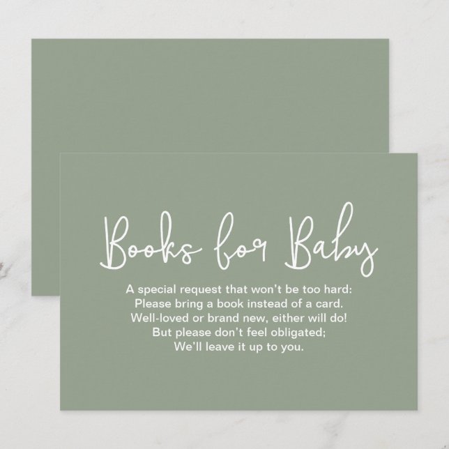 Modern Script Baby shower Book Request Sage Green  Enclosure Card (Front/Back)