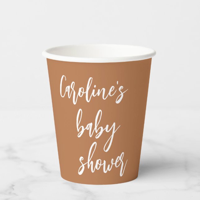 Modern Script Baby Shower Custom Trendy Terracotta Paper Cups (Front)