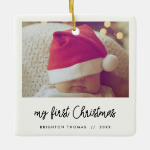 Modern script Baby's First Christmas photo Ceramic Ornament