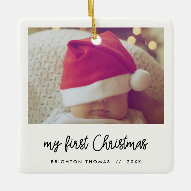 Modern script Baby's First Christmas photo Ceramic Ornament (Front)