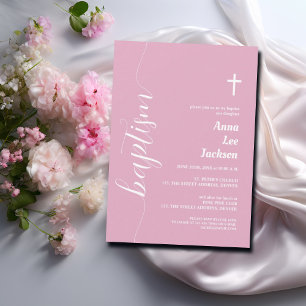 Modern Script Baptism White Cross Dusty Pink Invitation