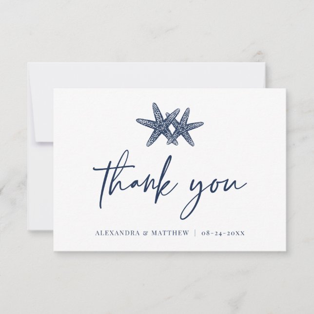 Modern Script Beach Starfish Navy Blue Wedding Thank You Card (Front)