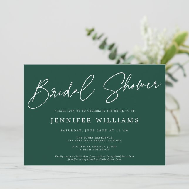 Modern Script Beautiful Dark Green Bridal Shower Invitation (Standing Front)