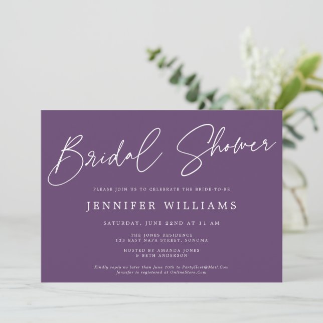 Modern Script Beautiful Dusty Purple Bridal Shower Invitation (Standing Front)