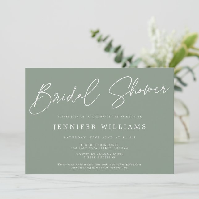 Modern Script Beautiful Sage Green Bridal Shower Invitation (Standing Front)