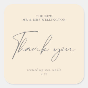 Modern Script Beige White Wedding Favour Candle Square Sticker