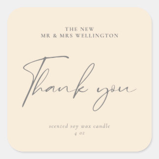 Modern Script Beige White Wedding Favour Candle Square Sticker