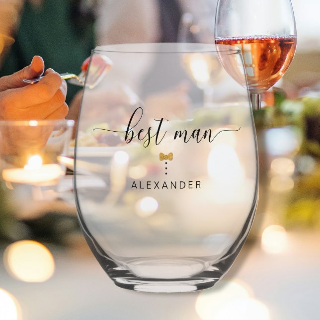 Modern Script Best Man Gold Bow Tie Name Wedding Stemless Wine Glass (Creator Uploaded)
