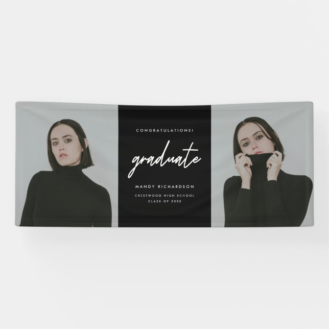 Modern Script Black 2-Photo Graduation Party Banner (Horizontal)