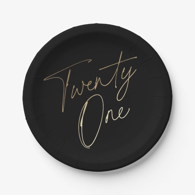 Modern Script Black and Gold 21st Birthday Party Paper Plate (Front)