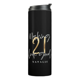 Modern script black and gold 21st birthday thermal tumbler