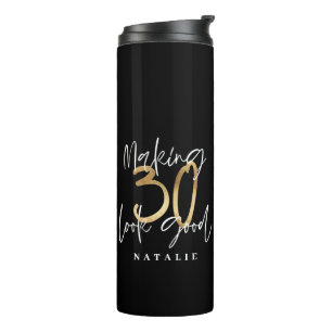 Modern script black and gold 30th birthday thermal tumbler