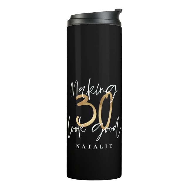 Modern script black and gold 30th birthday thermal tumbler (Rotated Left)
