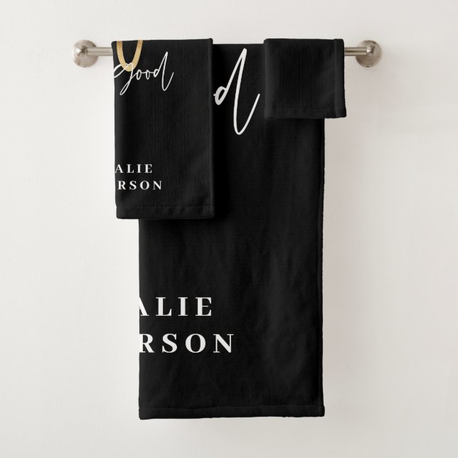 Modern script black and gold 40th birthday  bath towel set (Insitu)
