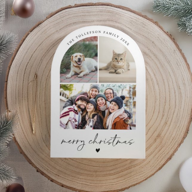 Modern Script Black and White Arch Christmas Holiday Card (Modern arch Christmas card with black and white photo, minimalist script, and heart accent.)