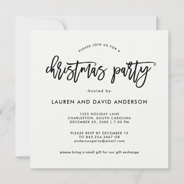 Modern Script | Black and White Christmas Party Invitation (Front)