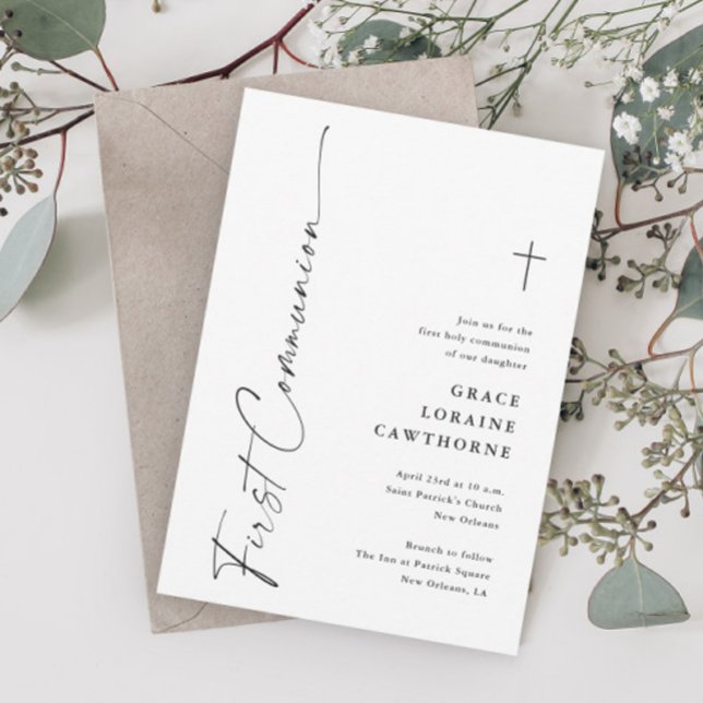 Modern Script Black and White First Communion Invitation (Modern Script Black and White Gender Neutral First Communion Invitations.)
