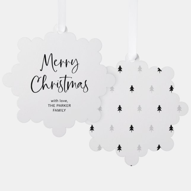 Modern Script | Black and White Merry Christmas Tree Decoration Card (Front/Back)