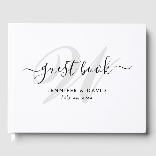 Modern Script Black and White Monogram Wedding Guest Book (Front)
