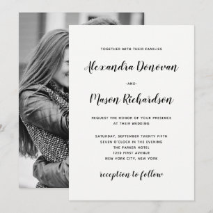 Modern Script Black and White Photo Back Wedding Invitation