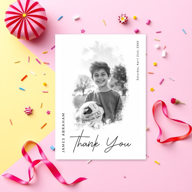 Modern Script Black and White Photo Birthday Thank You Card (Creator Uploaded)