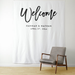 Modern Script Black and White Photo Booth Prop Tapestry