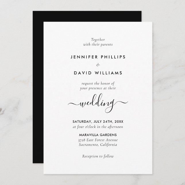 Modern Script Black and White Wedding Invitation (Front/Back)