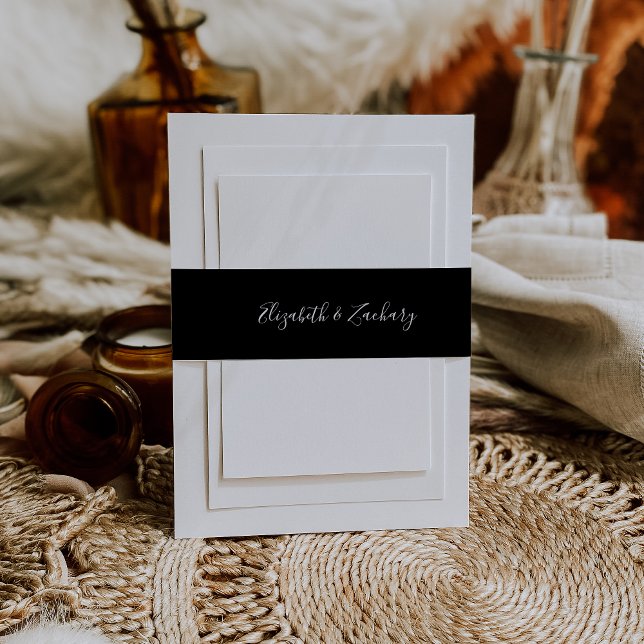 Modern Script Black and White Wedding Invitation Belly Band (Creator Uploaded)