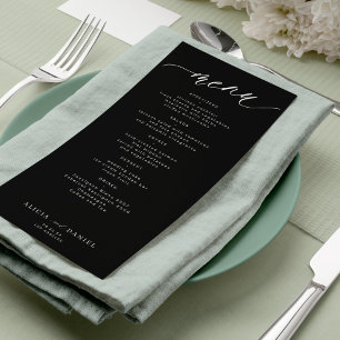 Modern script black and white wedding menu